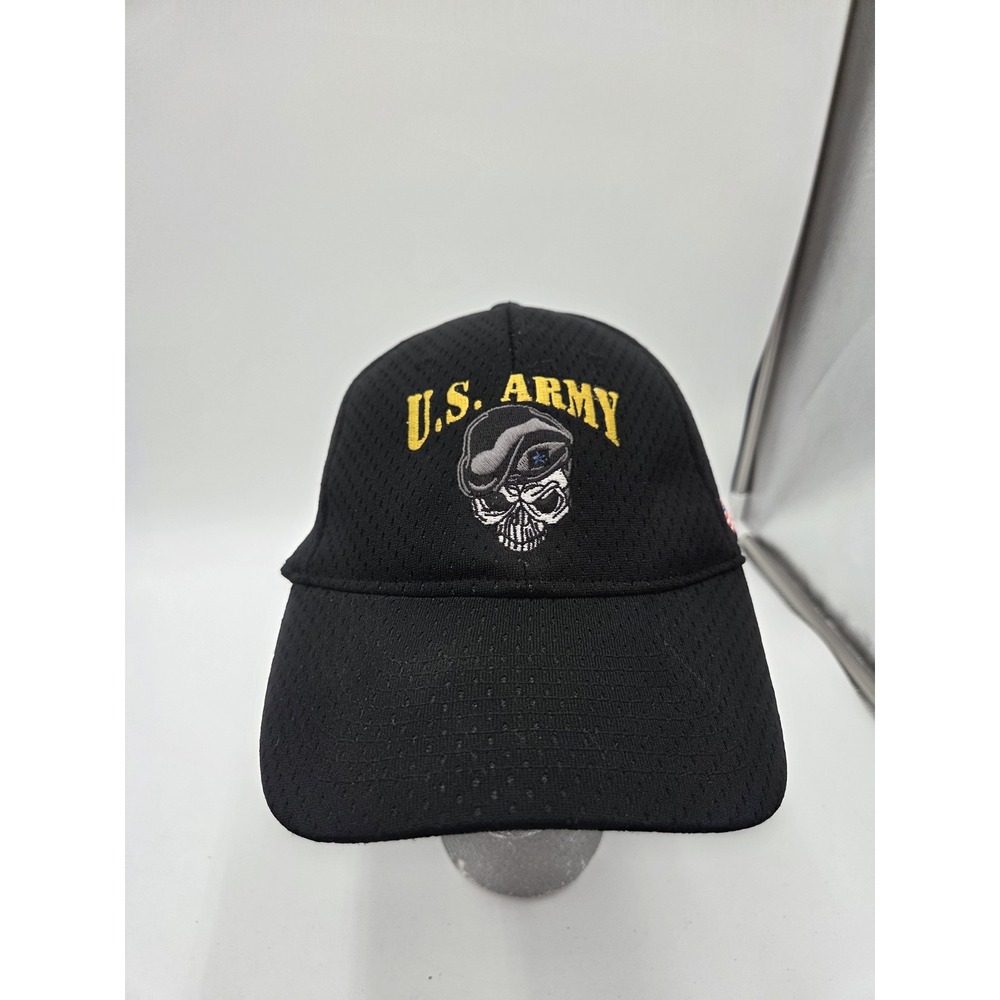 US Army Nu-Fit Mesh Baseball Cap Black Skull Beret Embroidered Hat Mens Stretch‎